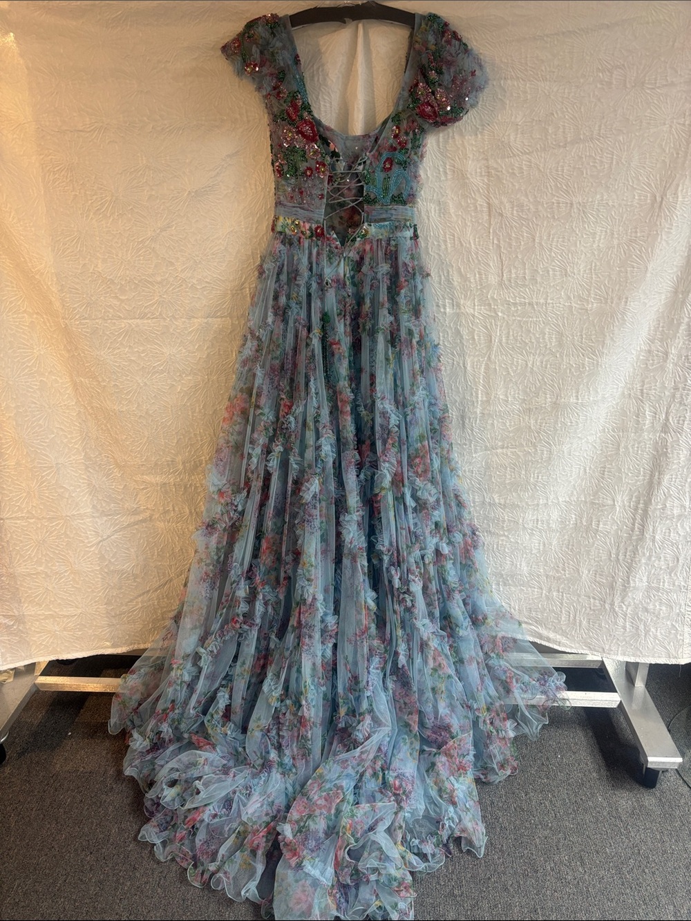 Sherri Hill 55560 Light Blue Floral Puff-Sleeve Tulle Gown - Picture 5 of 12